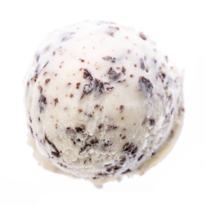 A scoop of stracciatella ice cream, featuring a creamy white base with delicate, irregularly shaped chocolate flakes evenly distributed throughout. The texture appears smooth, with the chocolate pieces adding contrast against the vanilla gelato. The image is set against a clean white background.