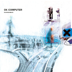 A computer-generated collage of a motorway, stick figures and logos in a blue and white colour palette