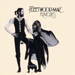  A tall man wearing a white shirt with a black vest and black trousers and a woman wearing a black shawl-like dress and black tights standing in a dance pose on the cover of Rumours by Fleetwood Mac