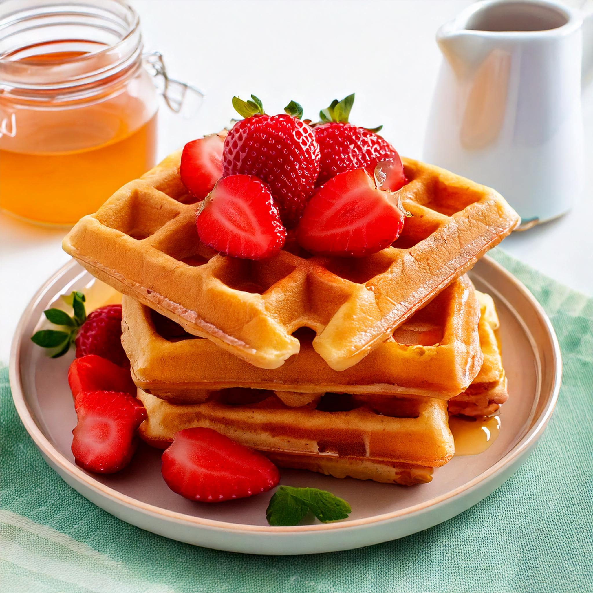 Breakfast Sweet Strawberry Waffles with Maple Syrup and Fresh Strawberry Garnish