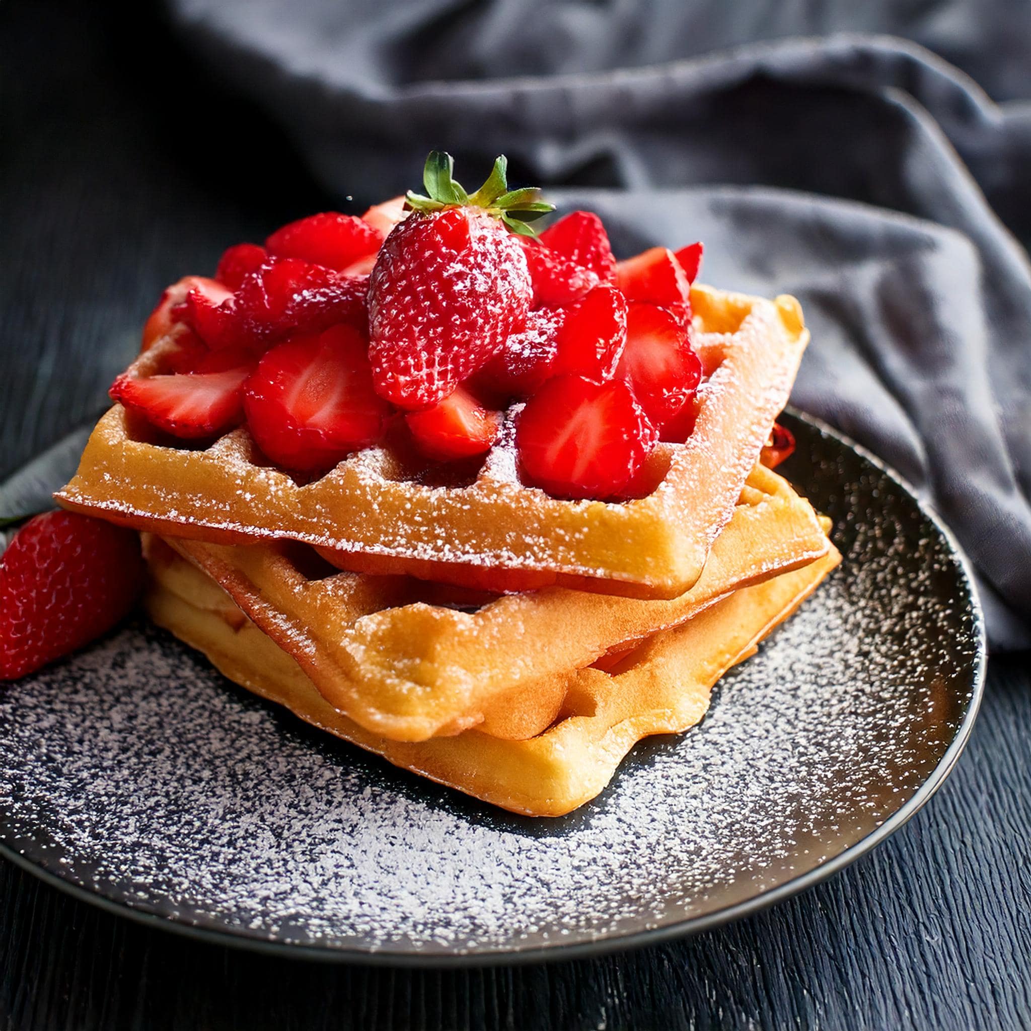 Classic Sweet Strawberry Waffles with Whole Fresh Strawberries and Powdered Sugar