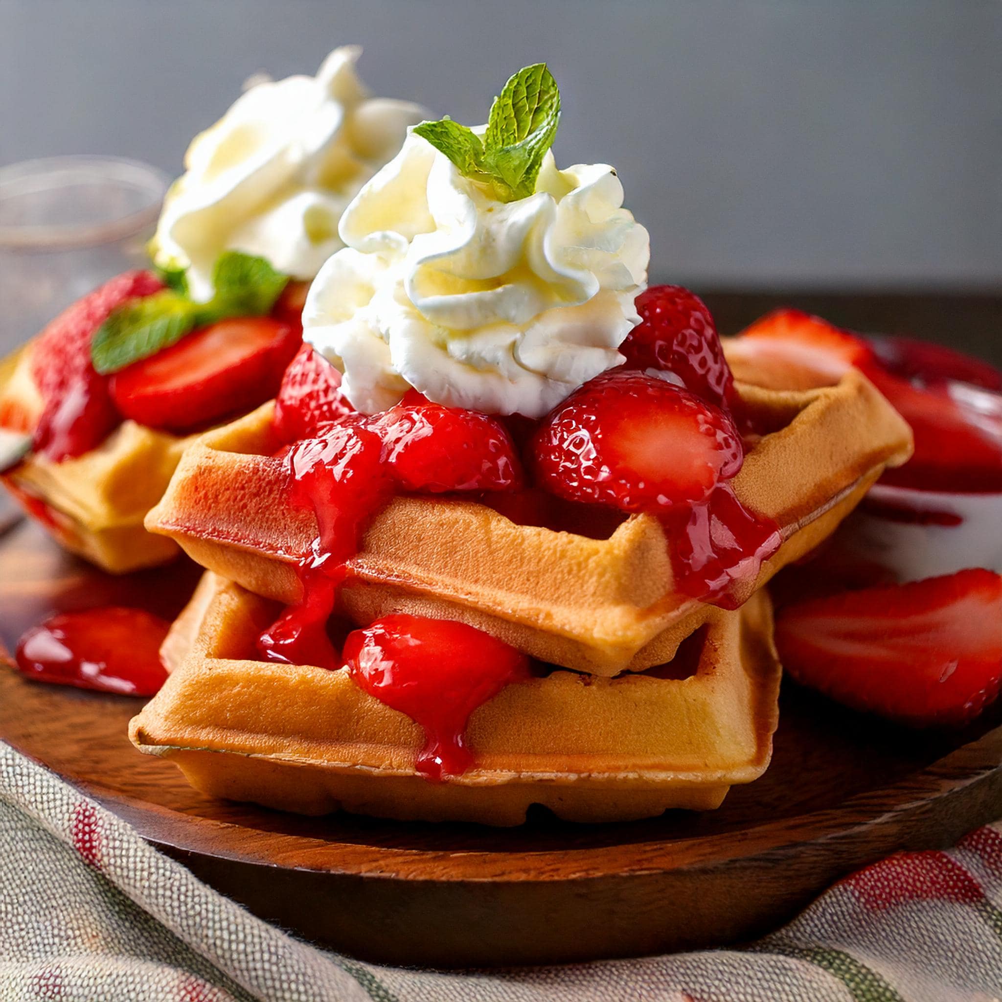 Gourmet Sweet Strawberry Waffles with Artisan Whipped Cream and Caramelized Strawberry Compote