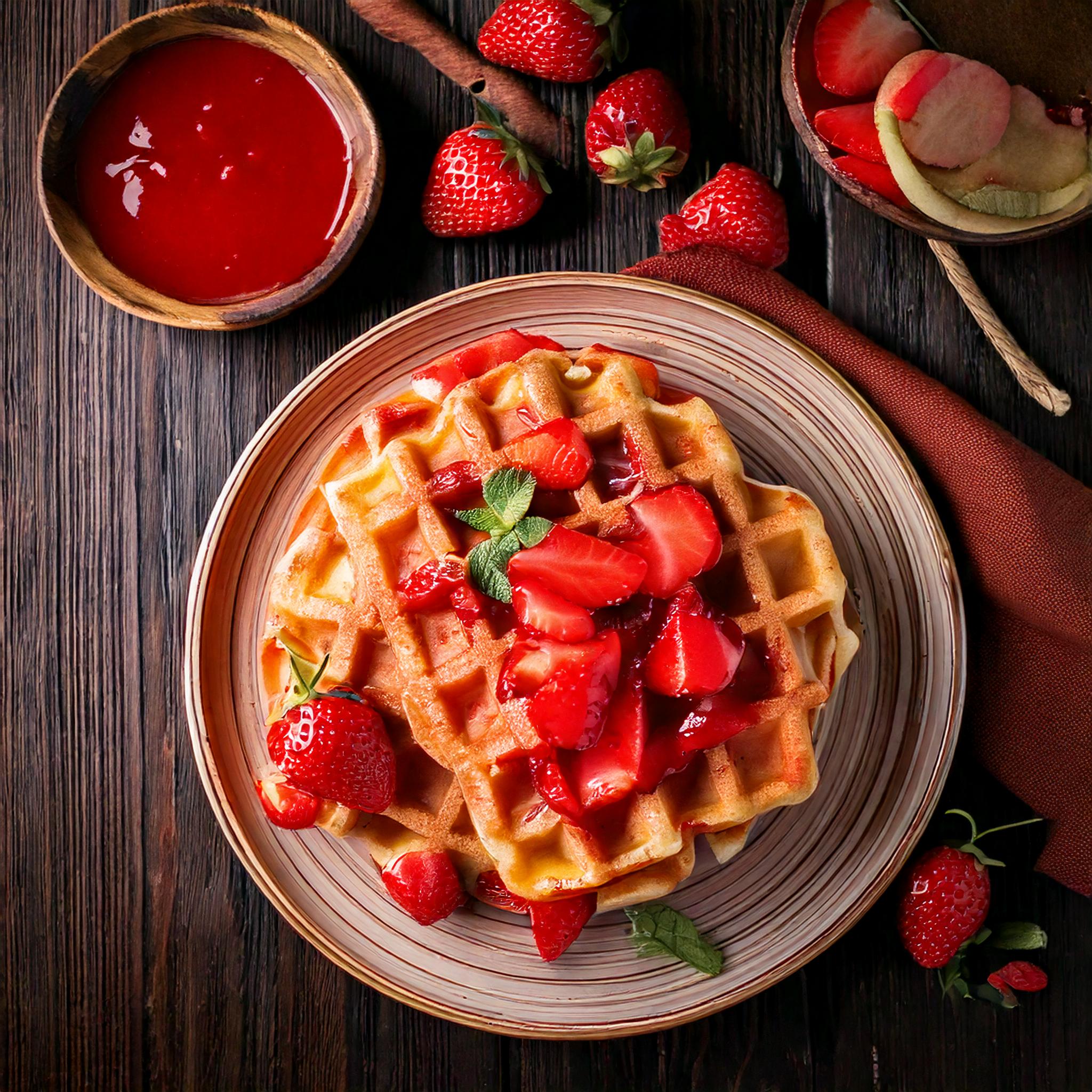 Rustic Homemade Sweet Strawberry Waffles with Organic Strawberry Sauce