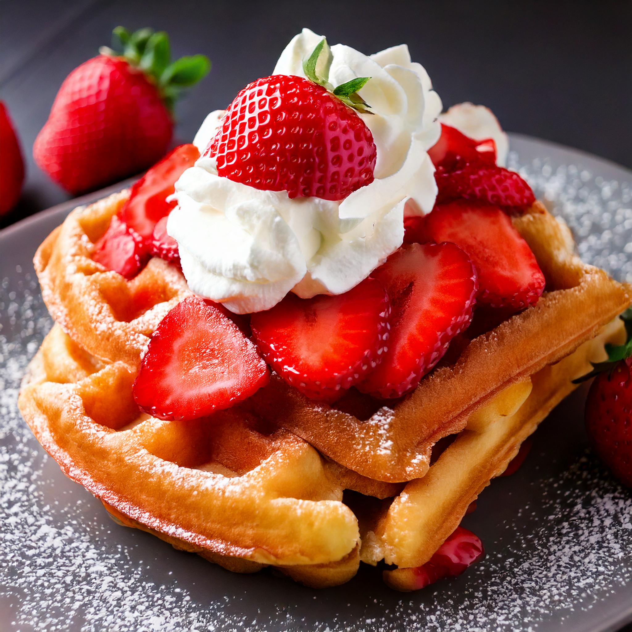 Sweet Strawberry Waffles with Fresh Strawberry Topping and Whipped Cream