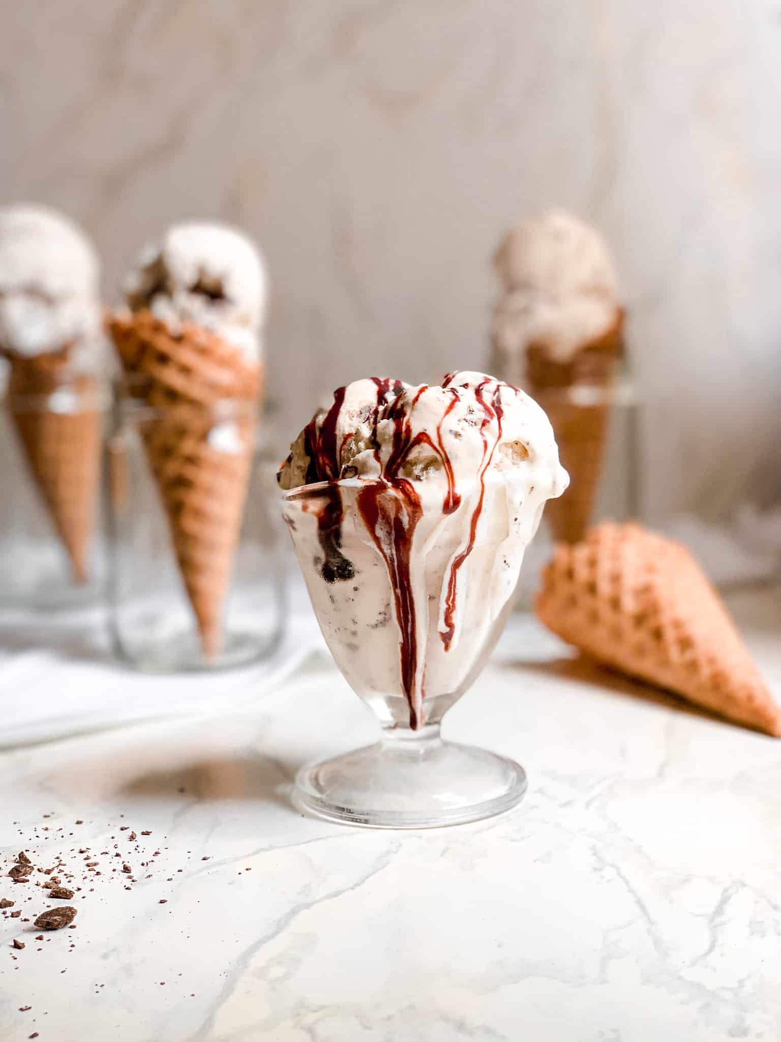 Homemade Stracciatella ice cream dish with fresh chocolate shavings