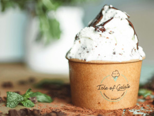Stracciatella ice cream dish in a bowl